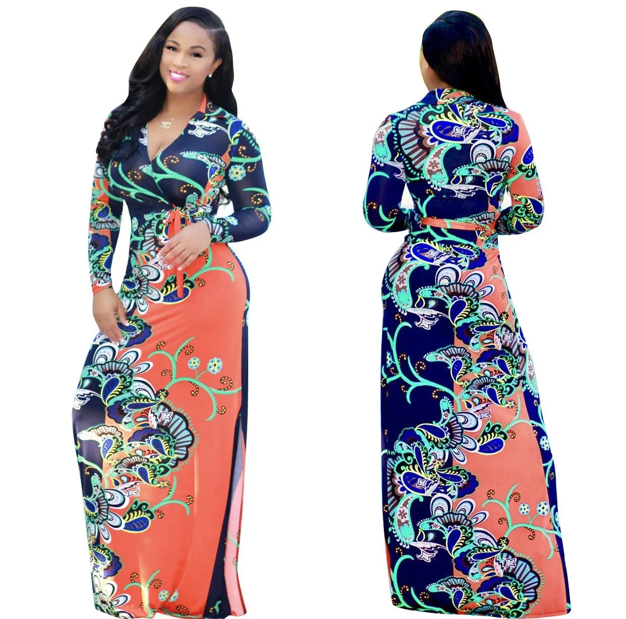 Elegant Floral Print V Neck Long Sleeve Side Split Belted Maxi Long Dress