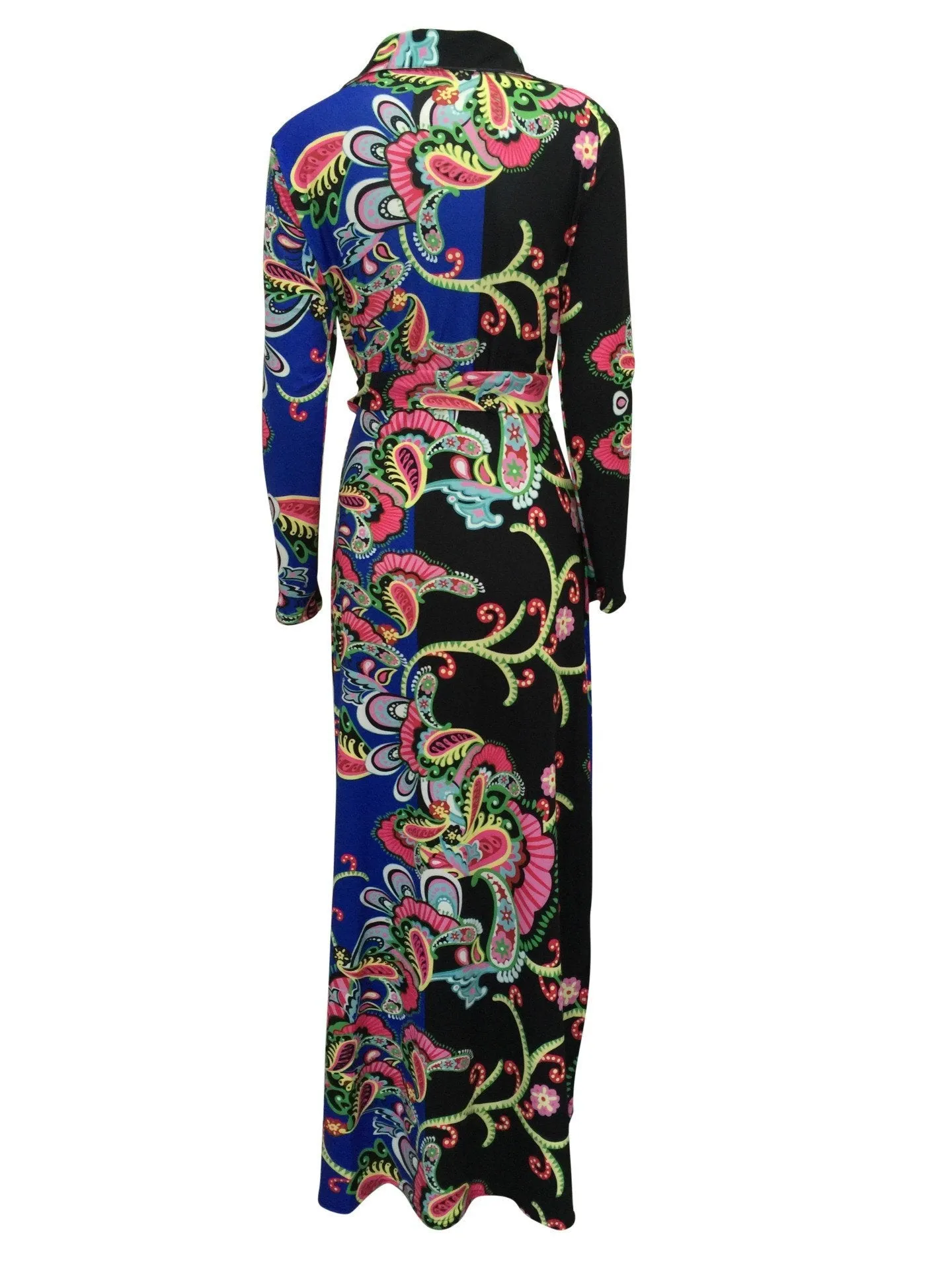 Elegant Floral Print V Neck Long Sleeve Side Split Belted Maxi Long Dress