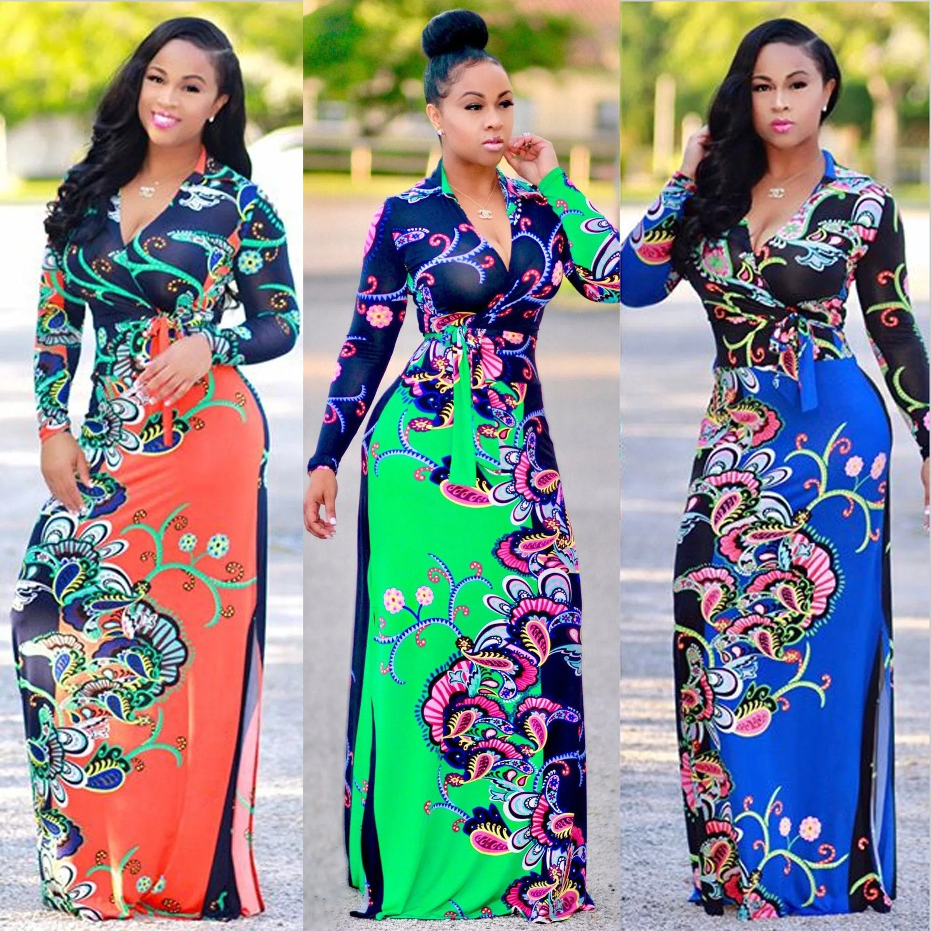 Elegant Floral Print V Neck Long Sleeve Side Split Belted Maxi Long Dress