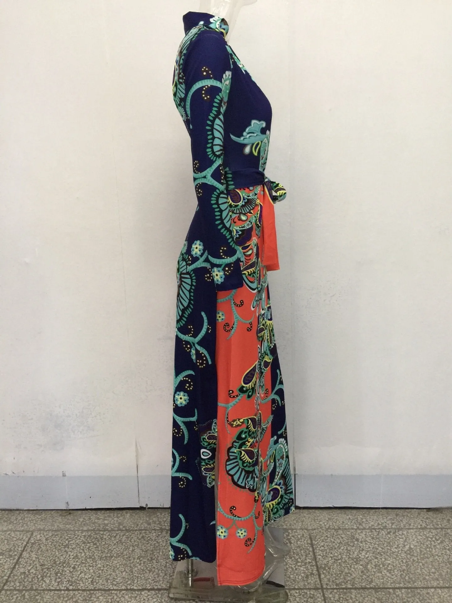 Elegant Floral Print V Neck Long Sleeve Side Split Belted Maxi Long Dress