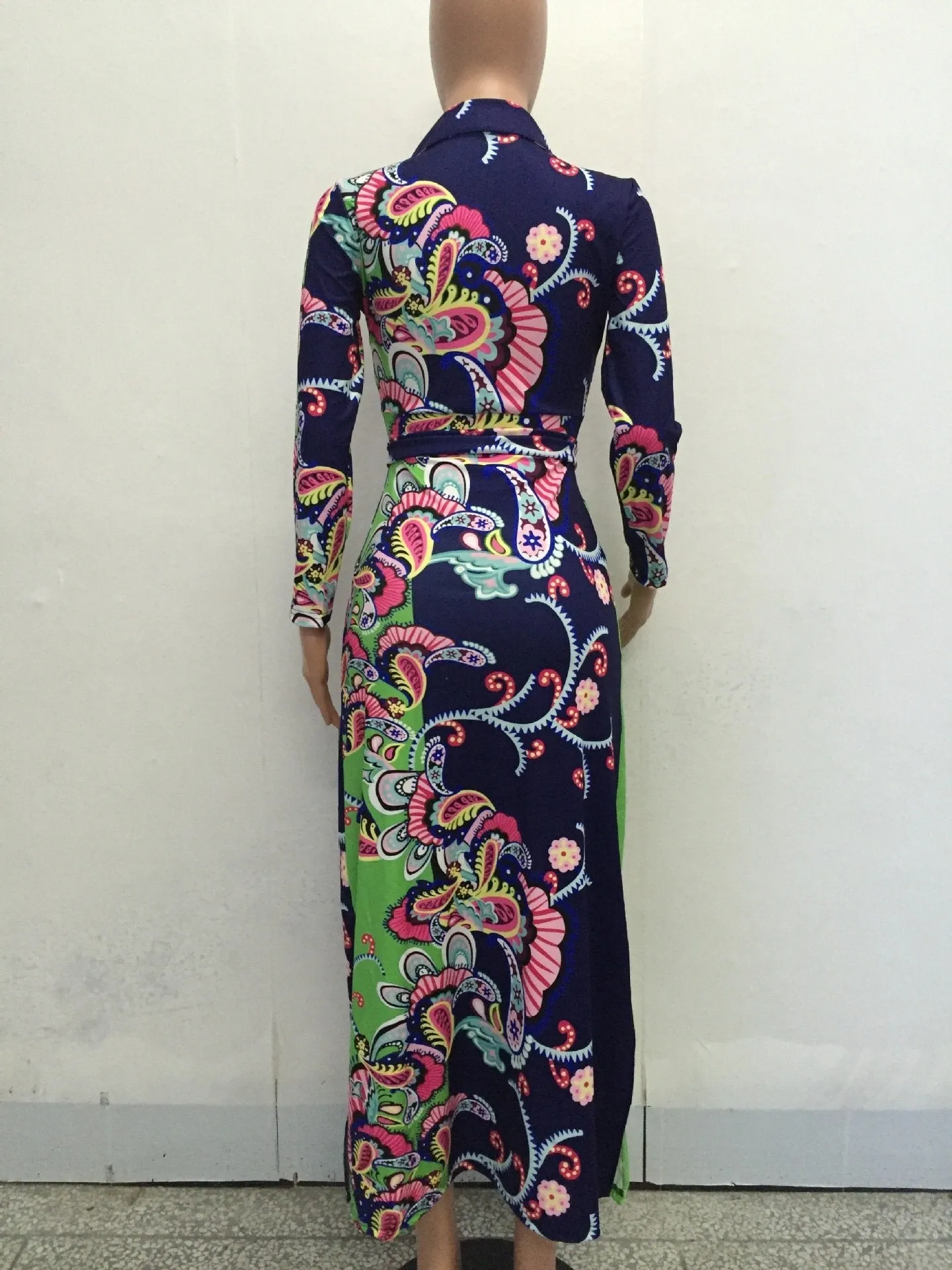 Elegant Floral Print V Neck Long Sleeve Side Split Belted Maxi Long Dress