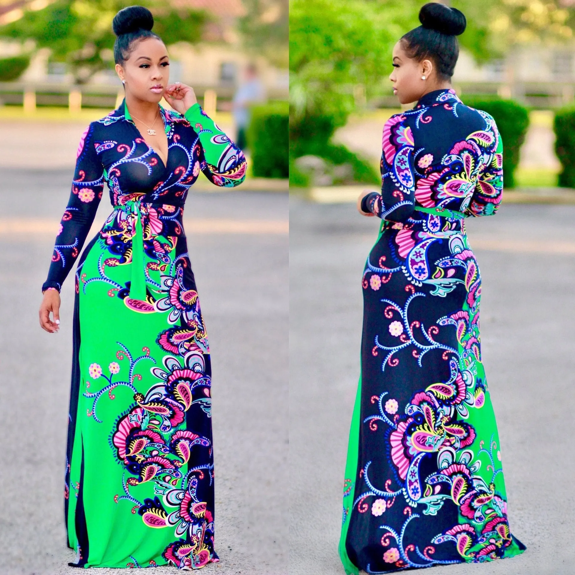 Elegant Floral Print V Neck Long Sleeve Side Split Belted Maxi Long Dress