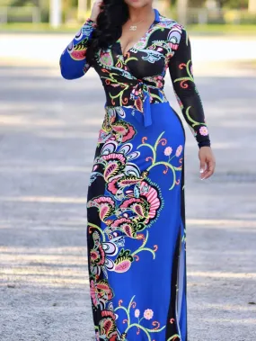 Elegant Floral Print V Neck Long Sleeve Side Split Belted Maxi Long Dress