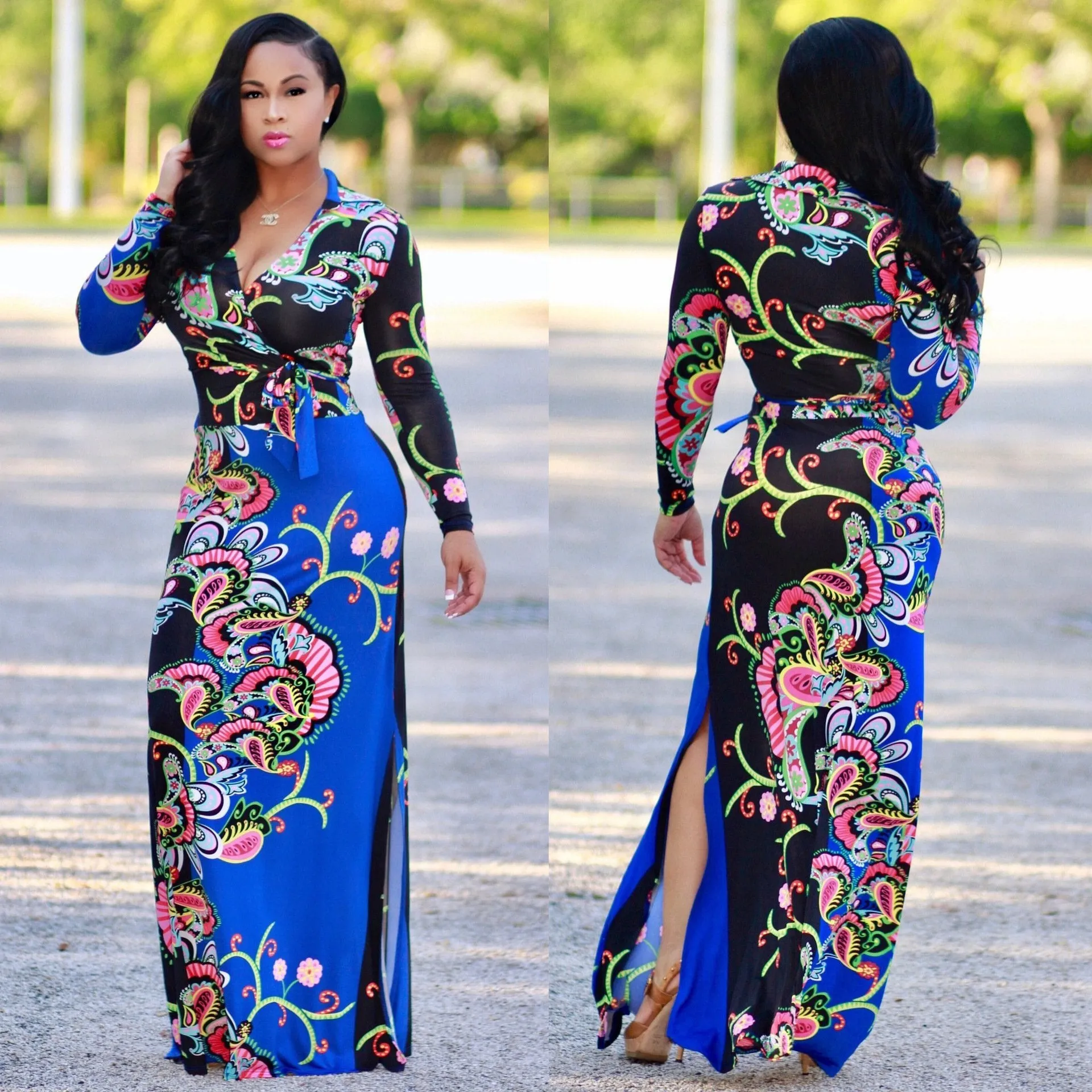 Elegant Floral Print V Neck Long Sleeve Side Split Belted Maxi Long Dress