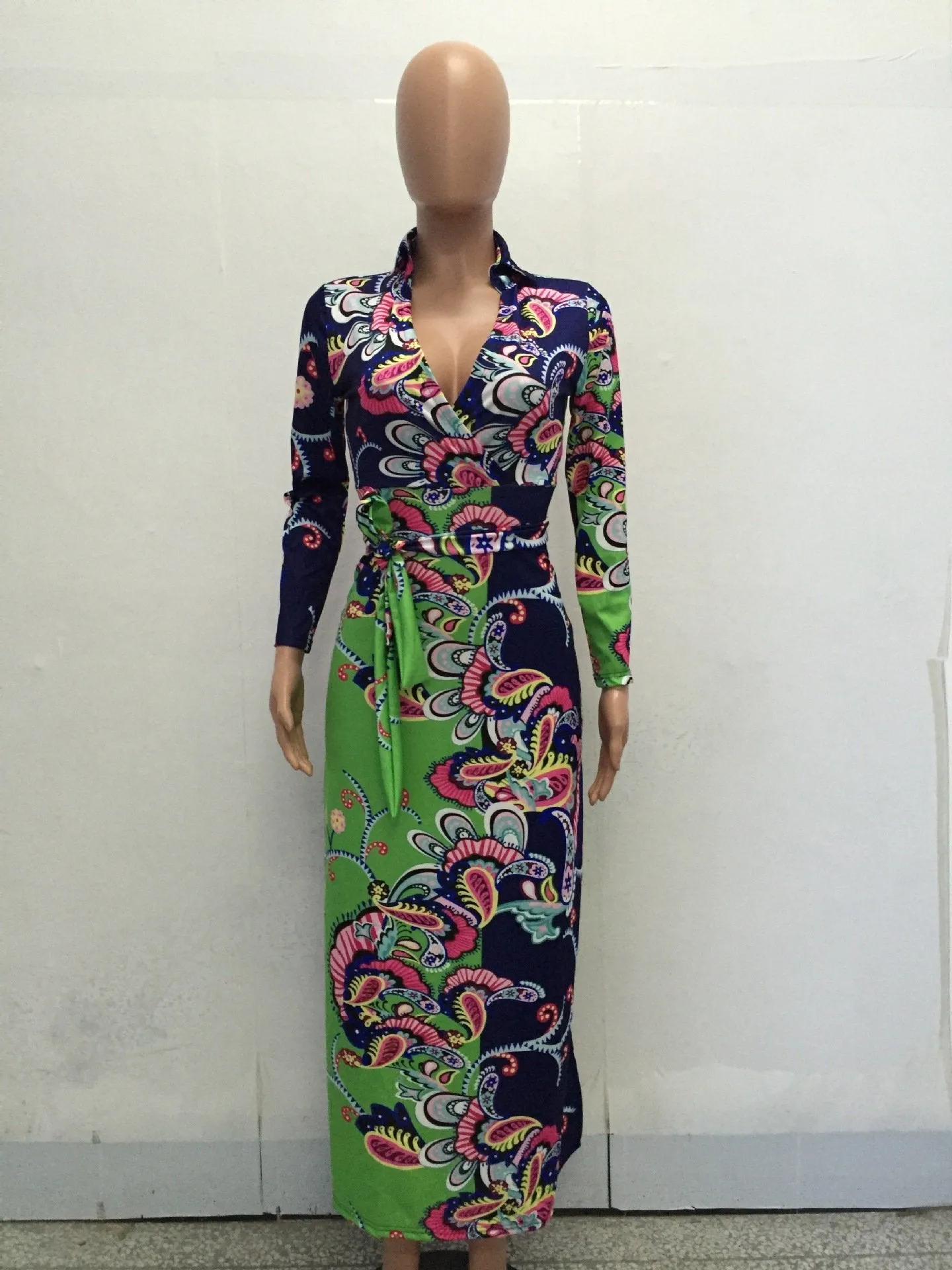 Elegant Floral Print V Neck Long Sleeve Side Split Belted Maxi Long Dress