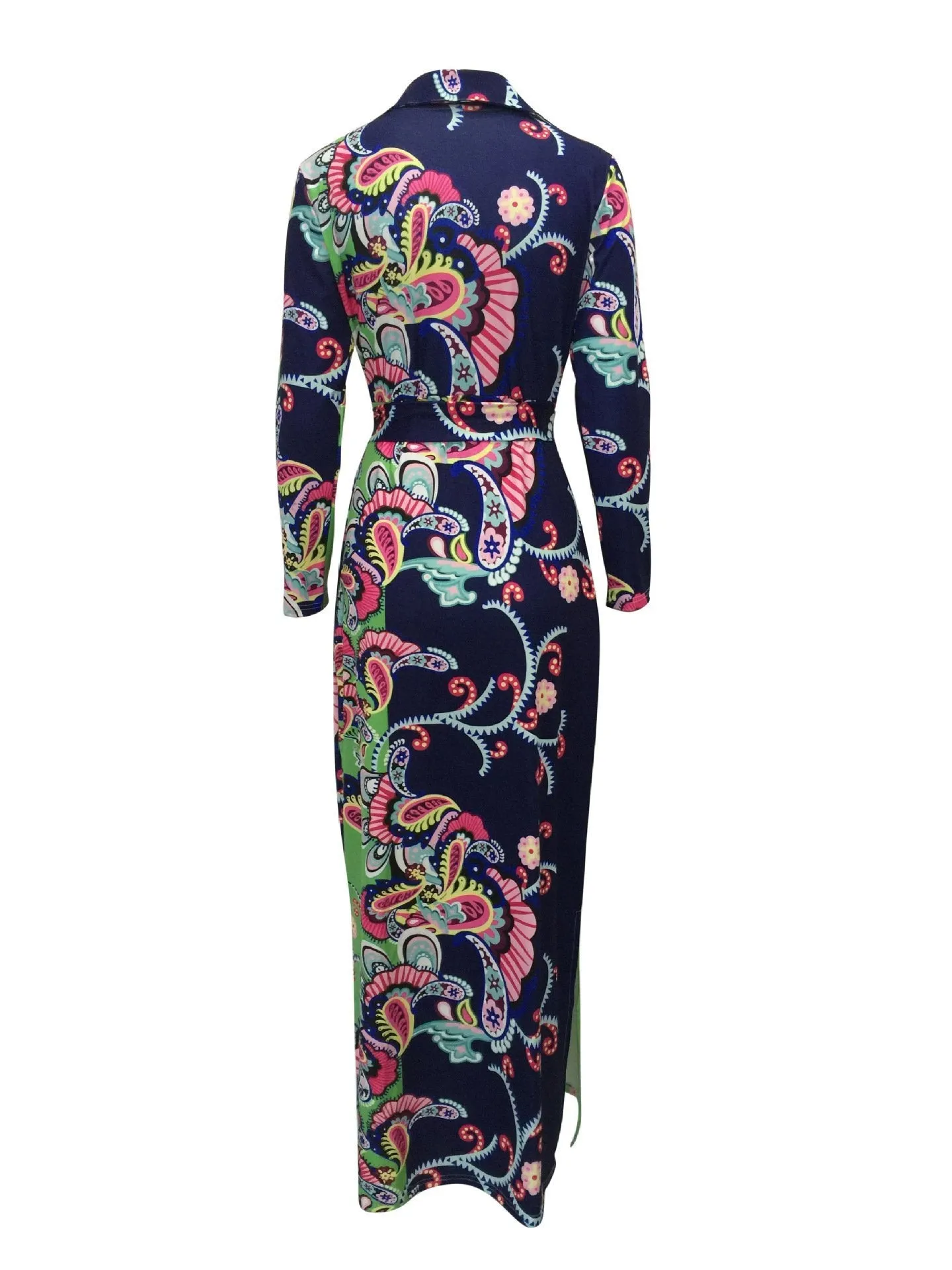 Elegant Floral Print V Neck Long Sleeve Side Split Belted Maxi Long Dress