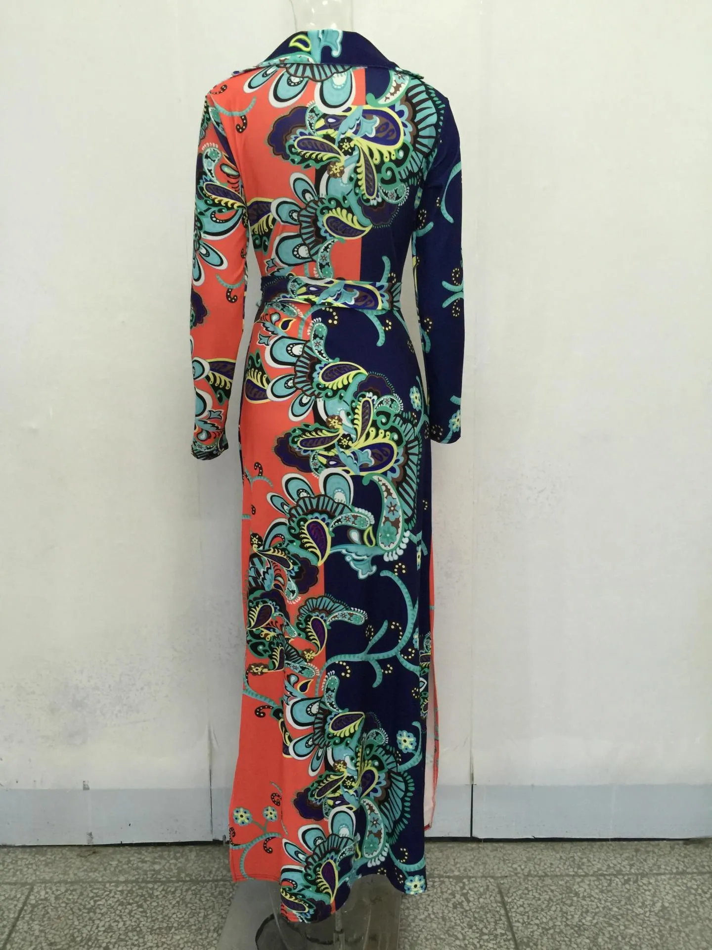 Elegant Floral Print V Neck Long Sleeve Side Split Belted Maxi Long Dress