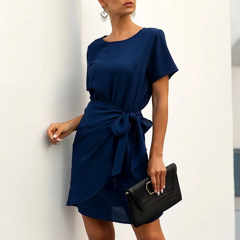 Elegant Office Solid O-neck Short Sleeve Wrap Bow Party Chic Ruffled Bodycon Mini Dress