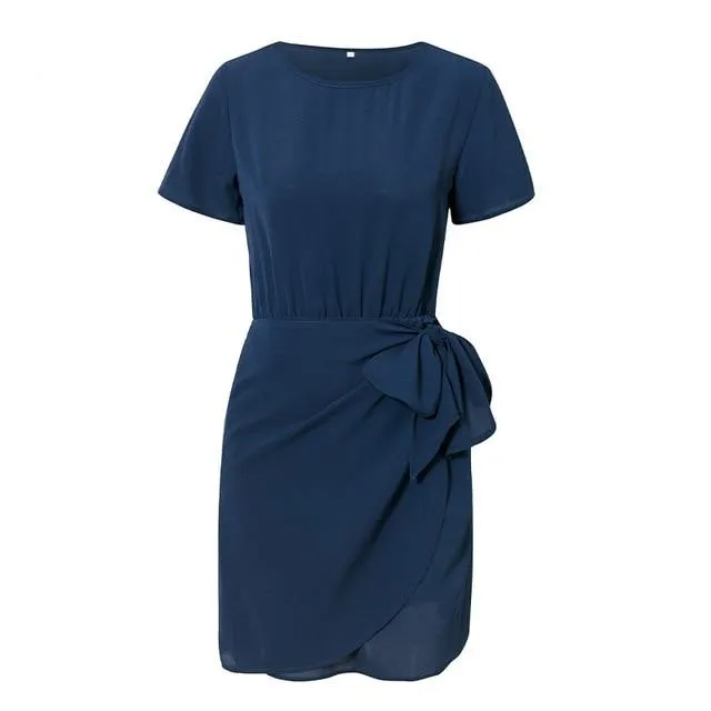 Elegant Office Solid O-neck Short Sleeve Wrap Bow Party Chic Ruffled Bodycon Mini Dress