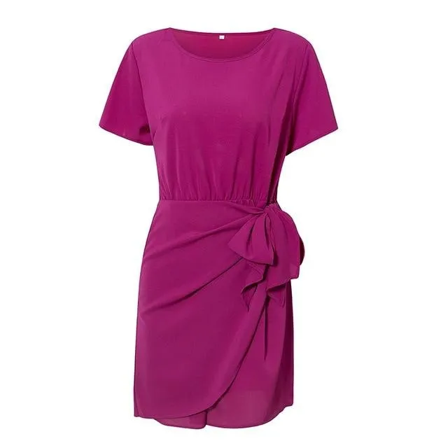 Elegant Office Solid O-neck Short Sleeve Wrap Bow Party Chic Ruffled Bodycon Mini Dress