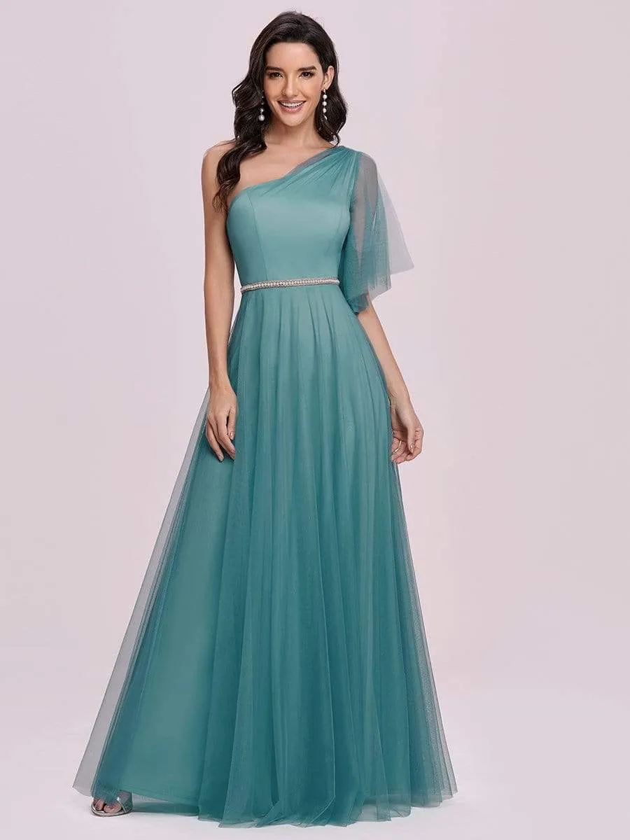 Elegant One Shoulder Beaded Waistline Maxi Tulle Bridesmaid Dress