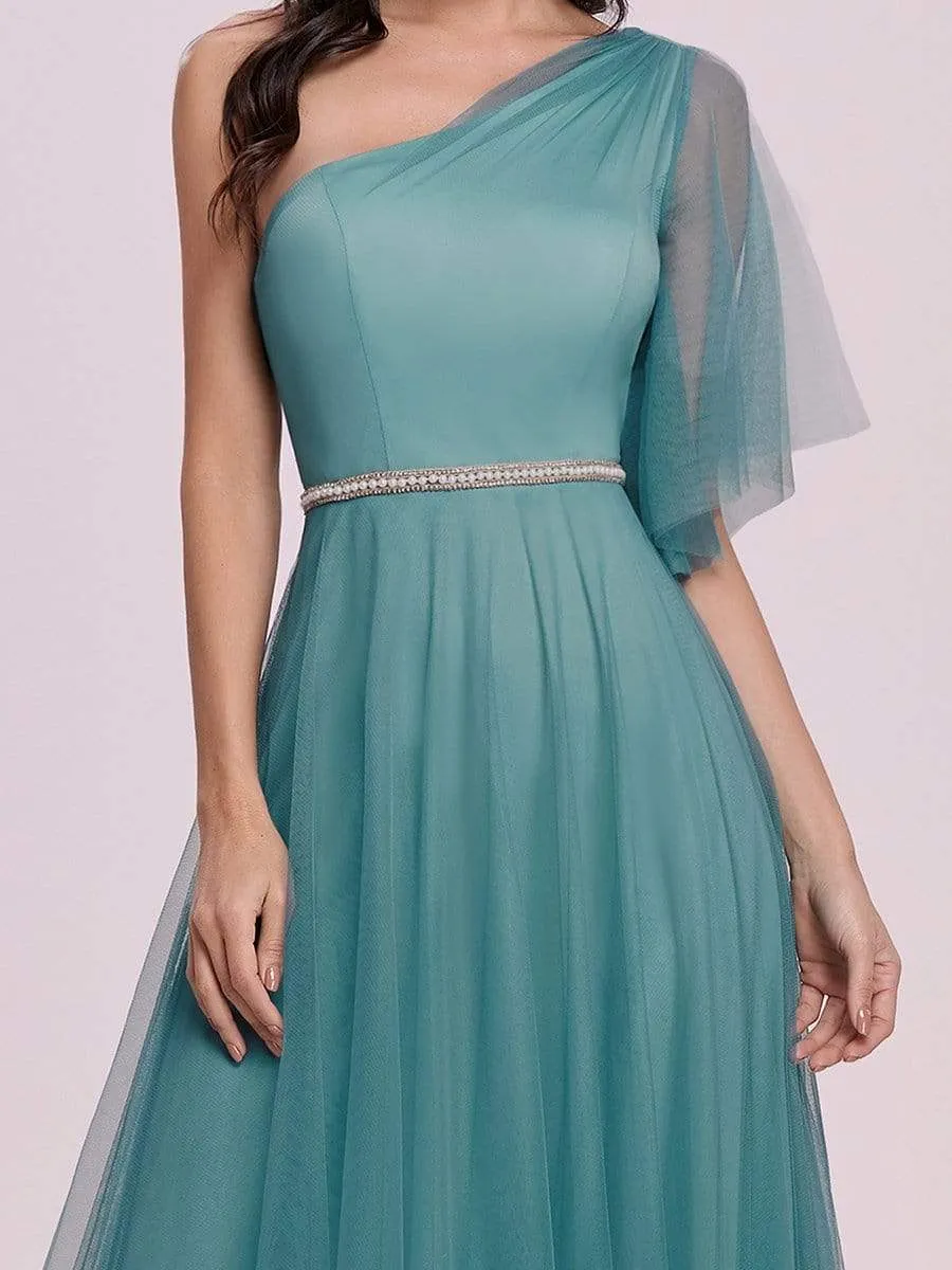 Elegant One Shoulder Beaded Waistline Maxi Tulle Bridesmaid Dress