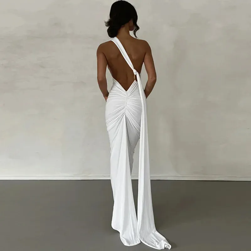 Elegant One Shoulder Ruched Maxi Dress with Split Hem