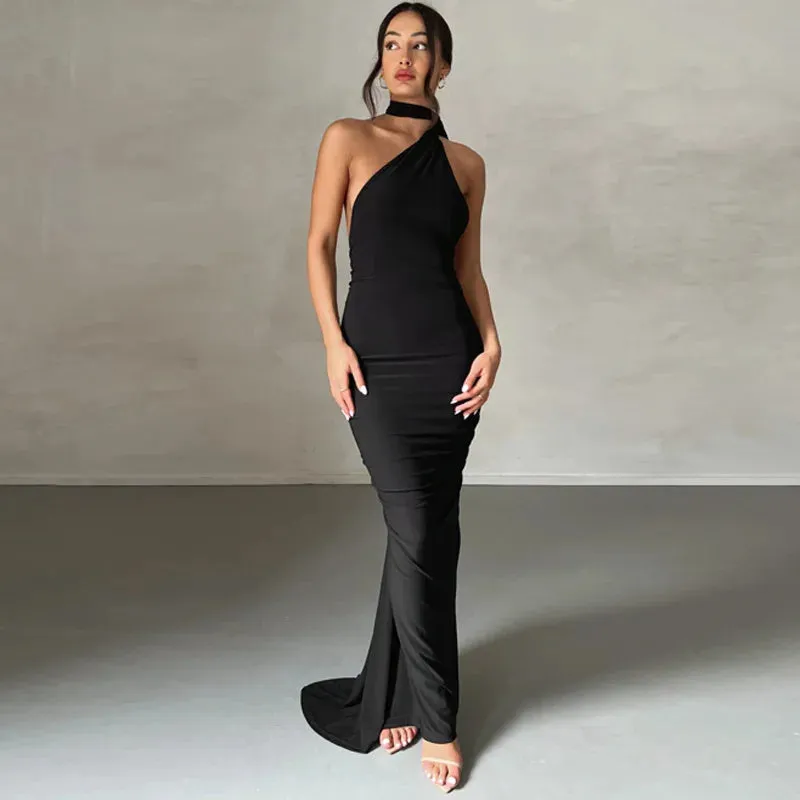 Elegant One Shoulder Ruched Maxi Dress with Split Hem