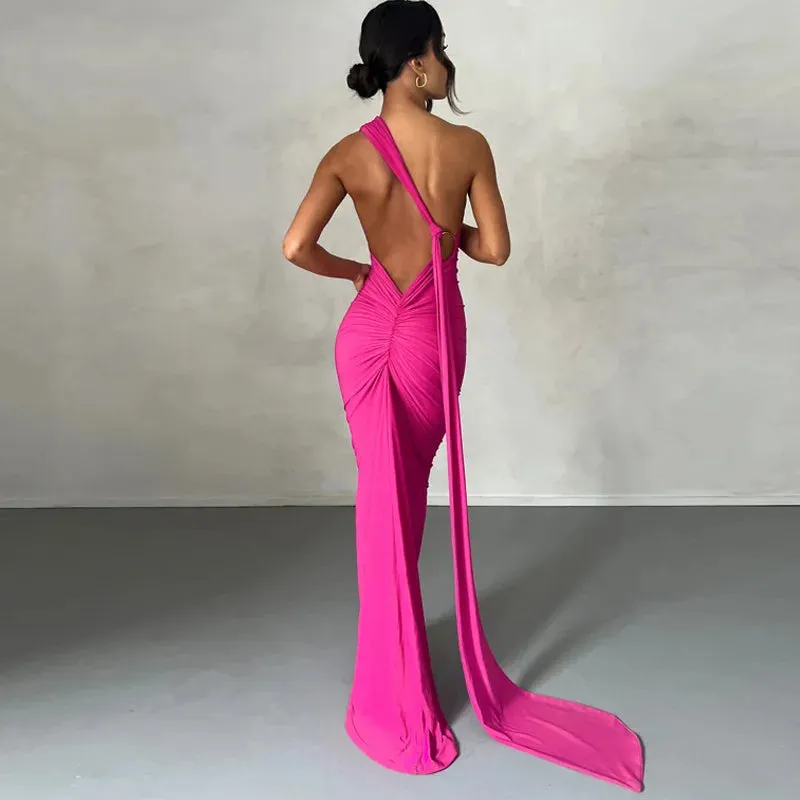 Elegant One Shoulder Ruched Maxi Dress with Split Hem