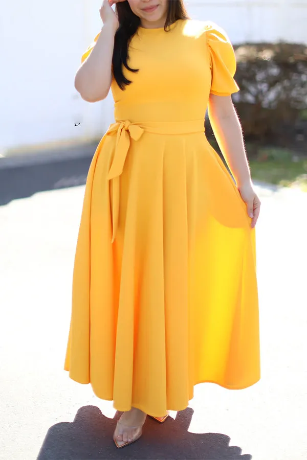 Elegant Puff Sleeve Belted Maxi Dress