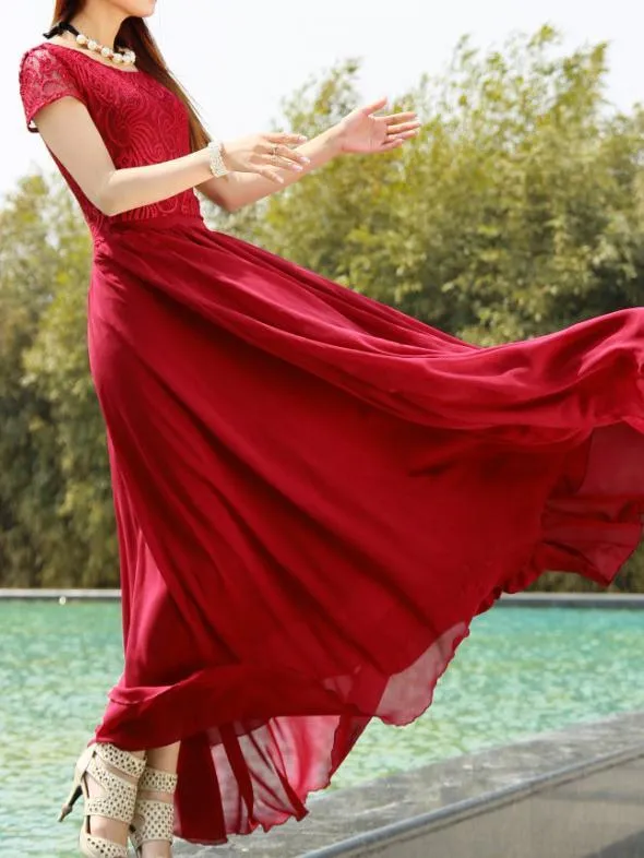 Elegant Solid Color Chiffon Short Sleeve Maxi Party Dress