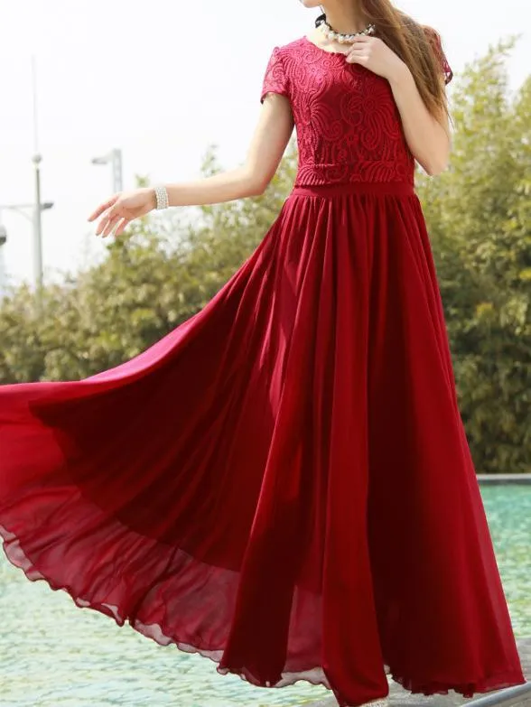 Elegant Solid Color Chiffon Short Sleeve Maxi Party Dress