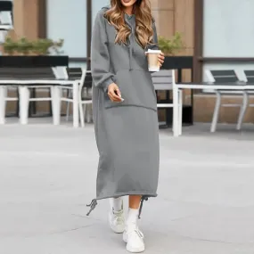 Elegant Split Hooded Large Pullover Casual Autumn Pocket Warm Sweatshirt Fashion Hoodie Dress