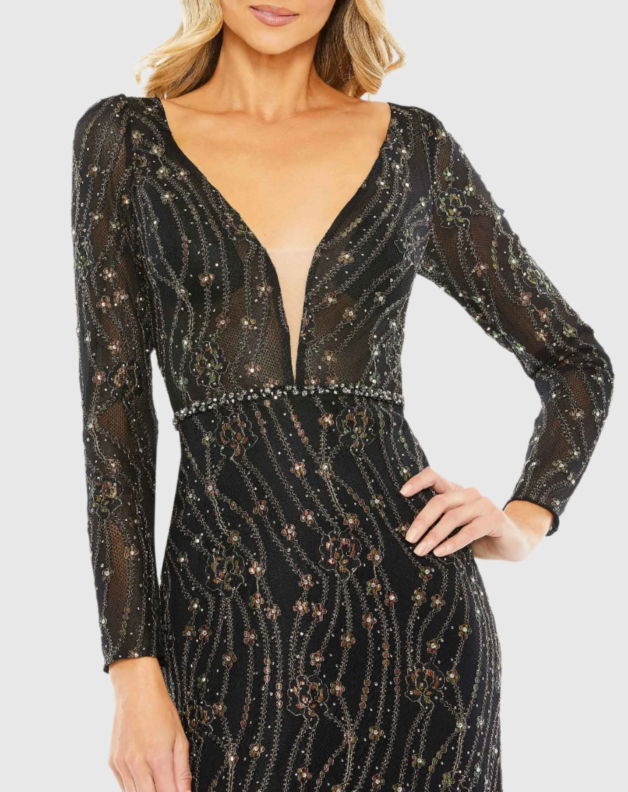 Embellished Long Sleeve Plunge Trumpet Gown