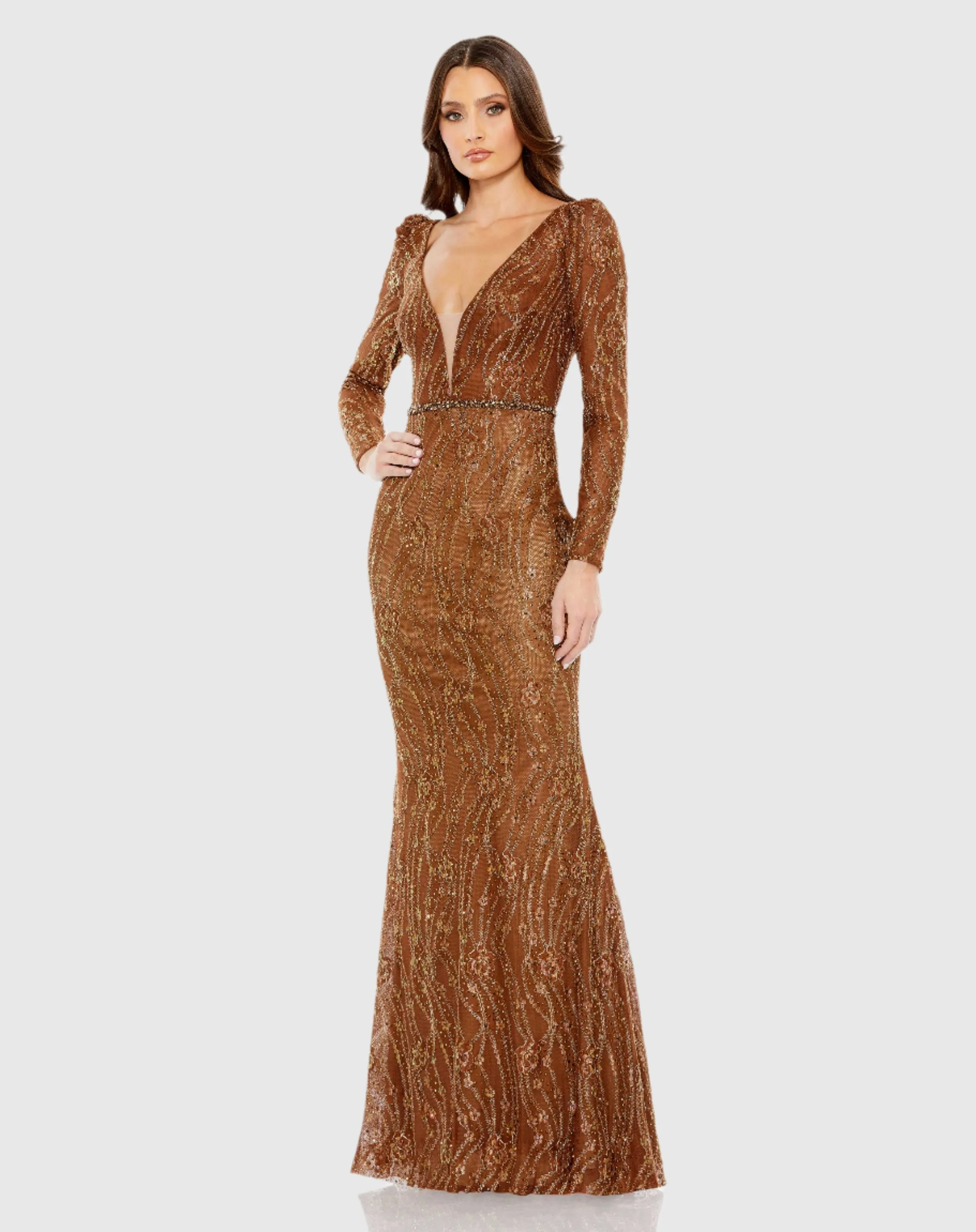 Embellished Long Sleeve Plunge Trumpet Gown