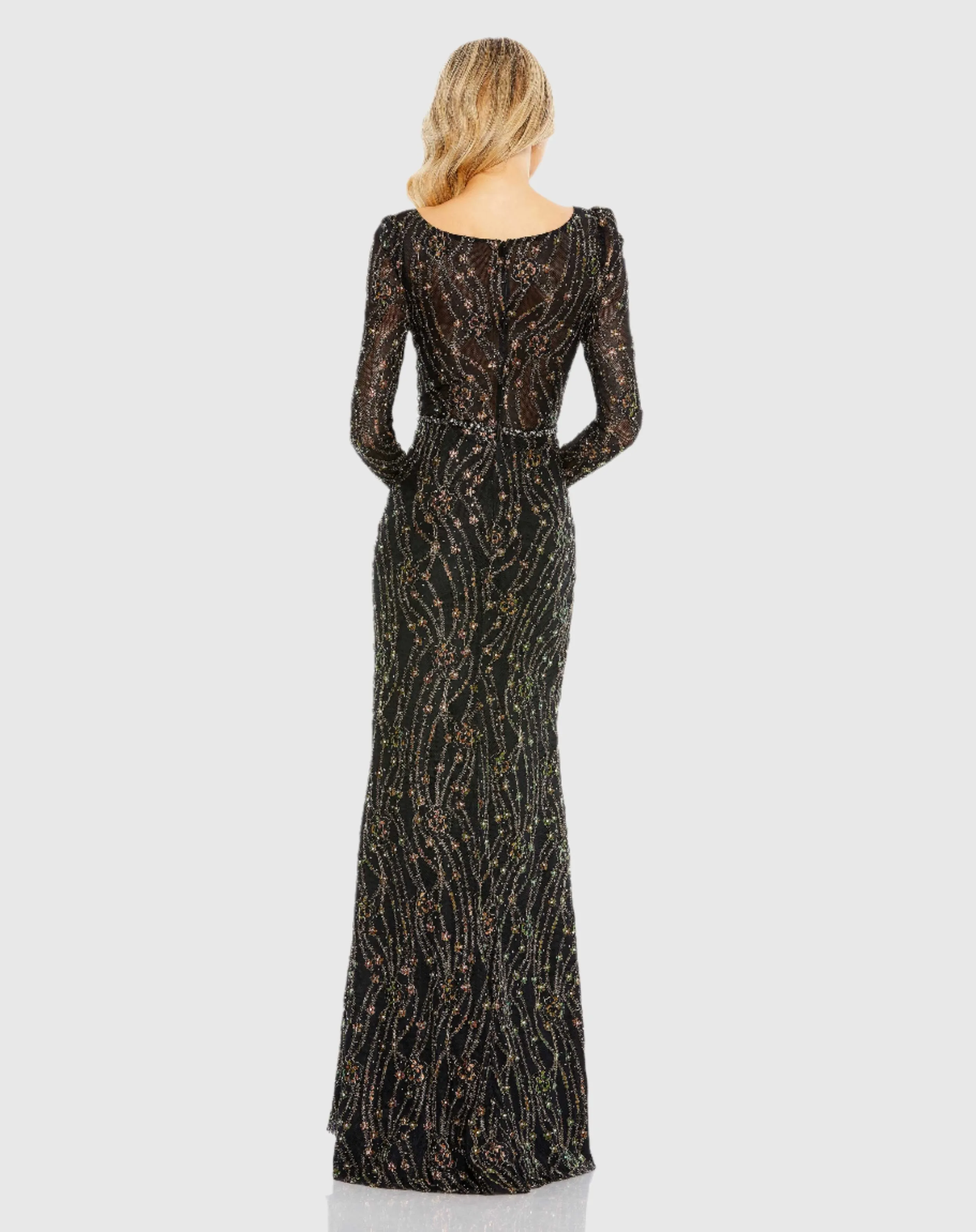 Embellished Long Sleeve Plunge Trumpet Gown