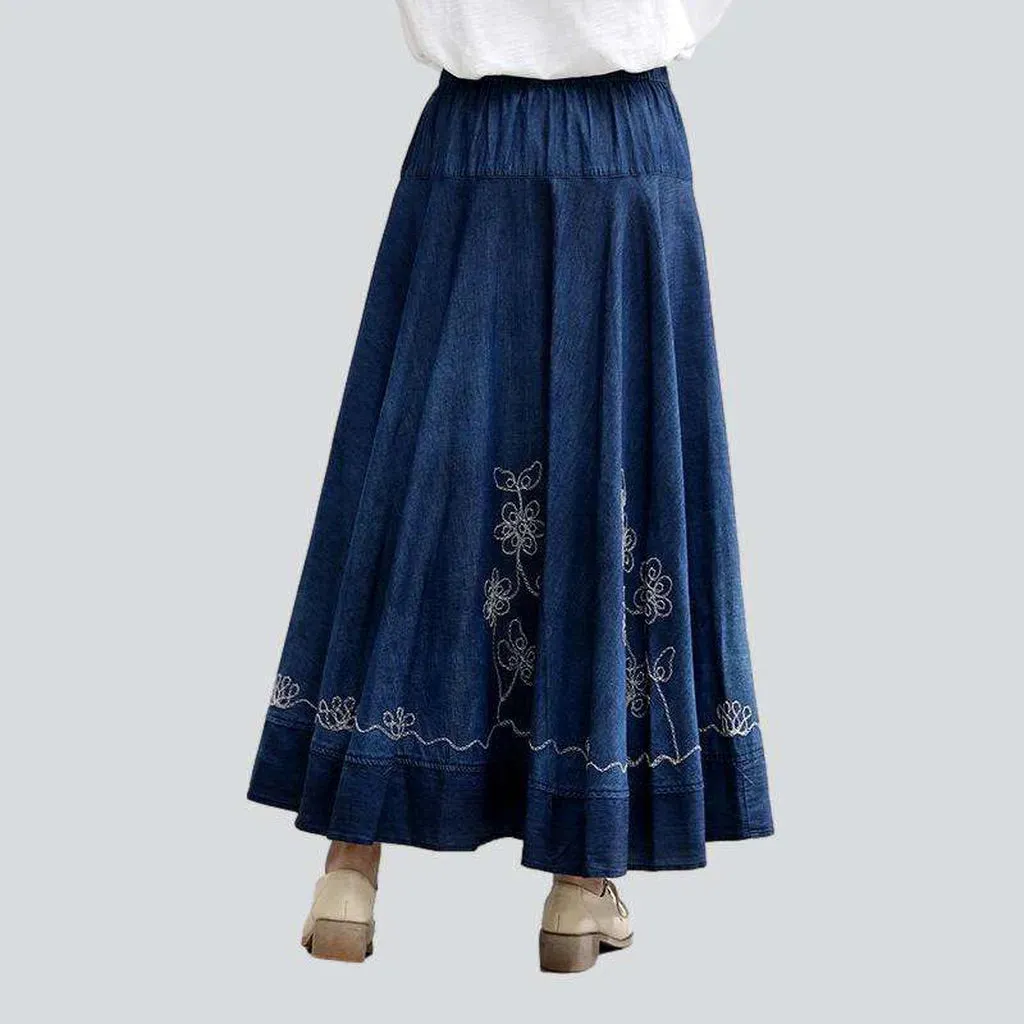 Embroidered flare women's jean skirt