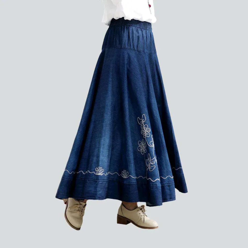 Embroidered flare women's jean skirt