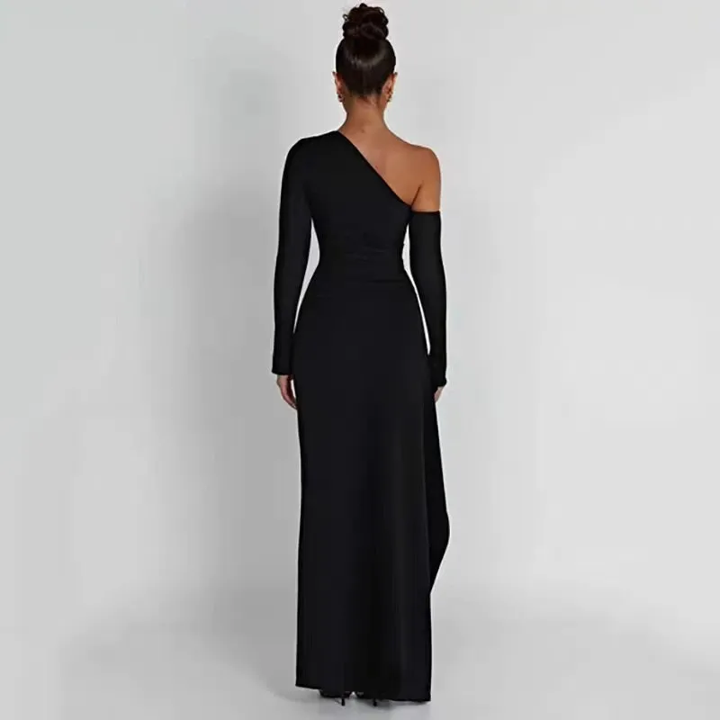 Fashion Spring Long Sleeve Women Dress Elegant Sexy Evening Dress Single Shoulder Black Vestidos