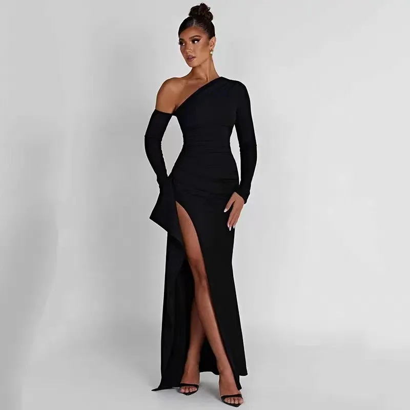 Fashion Spring Long Sleeve Women Dress Elegant Sexy Evening Dress Single Shoulder Black Vestidos