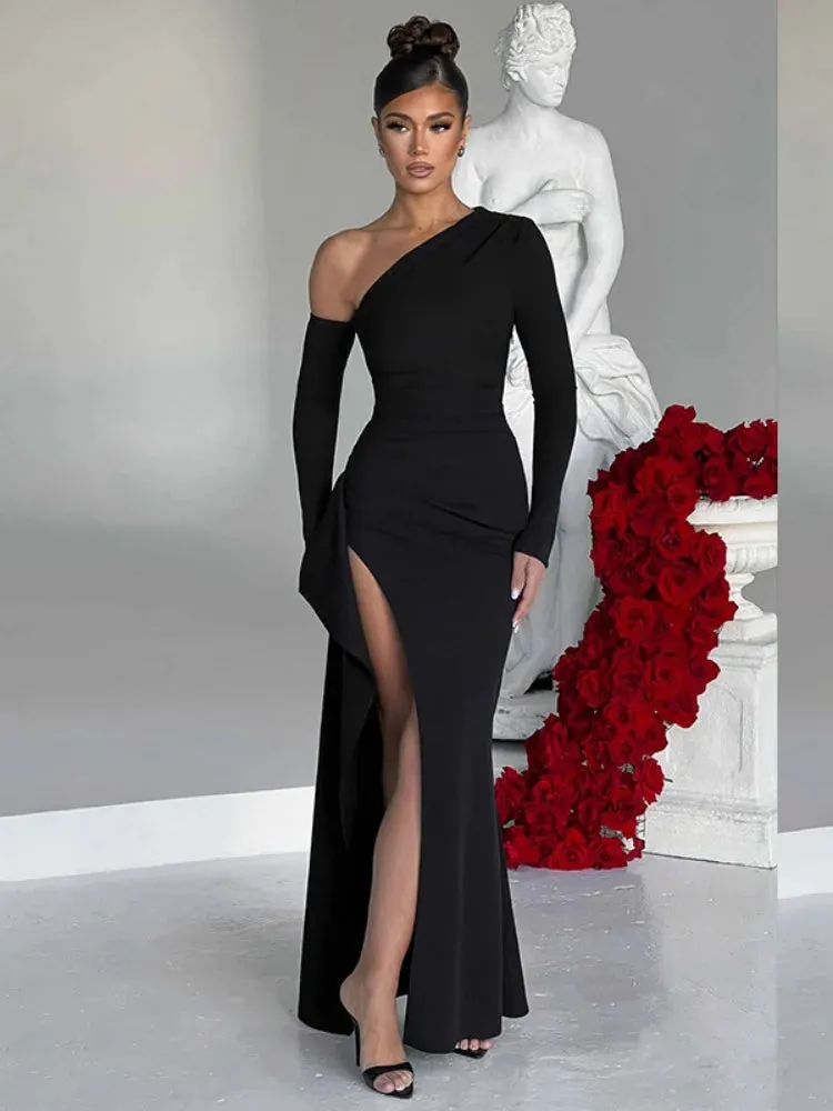 Fashion Spring Long Sleeve Women Dress Elegant Sexy Evening Dress Single Shoulder Black Vestidos