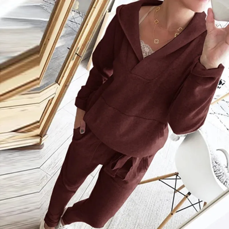 Fashionkova  Elegant V Neck Long Sleeve Hoodie And Long Pants Suits Casual Simple Loose Two Piece Sets Women Fashion Sportswear Solid Outfits