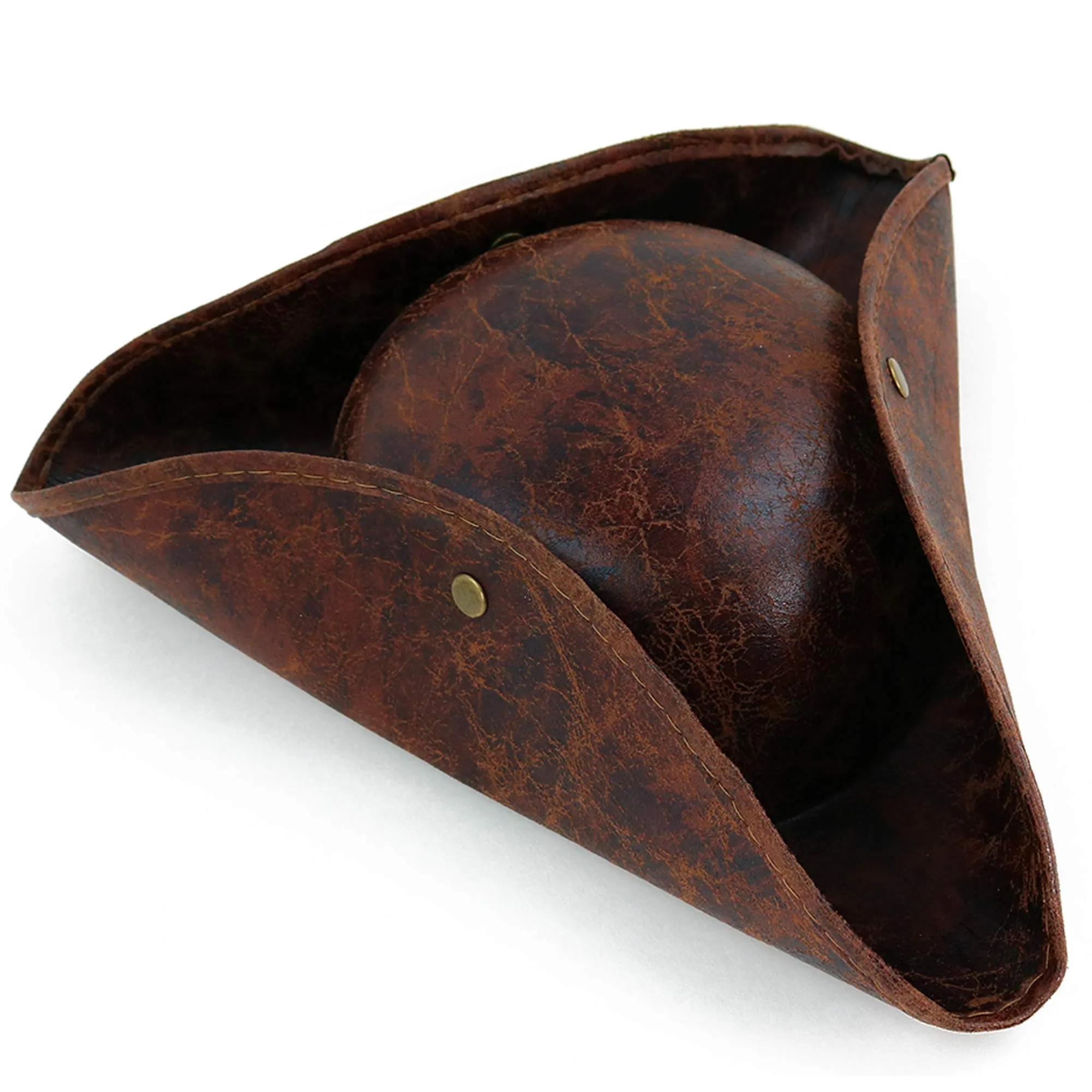 Faux Leather Pirate Hat - Brown Distressed Leather Colonial Style Tricorn Hat