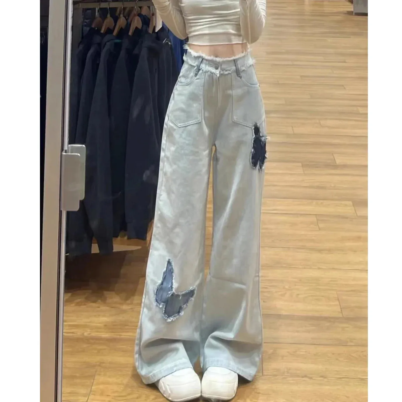 Female 2024 New Spring Fall Models Women's High-Waisted Loose Straight Long Jeans