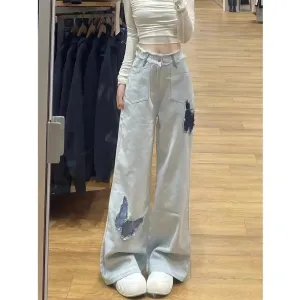 Female 2024 New Spring Fall Models Women's High-Waisted Loose Straight Long Jeans