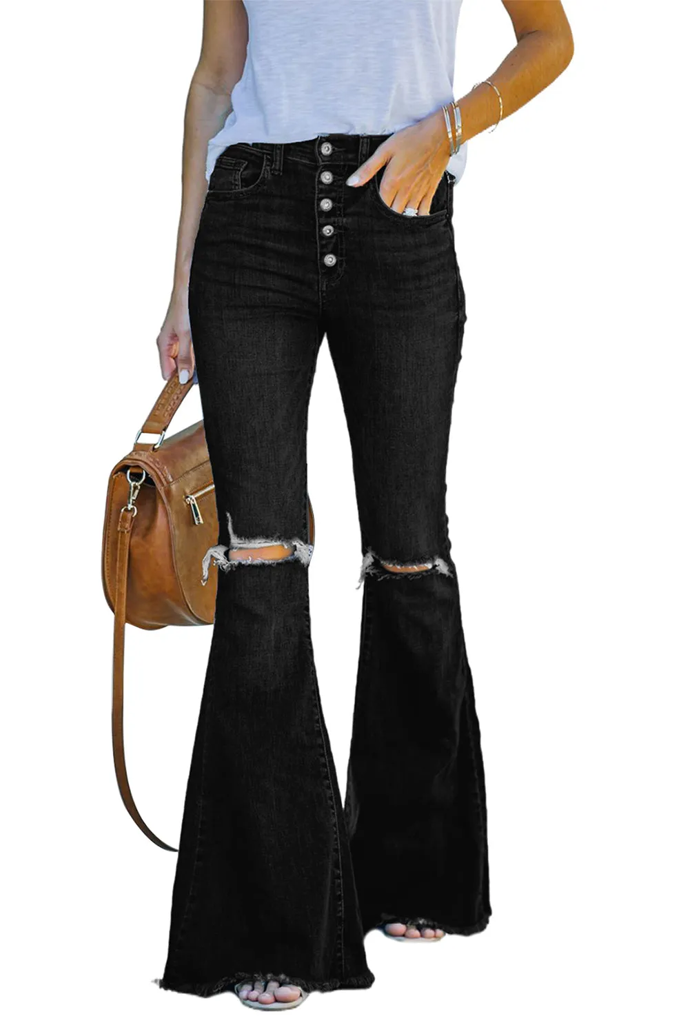 Flare Bell Bottoms Jeans for Women High Rise Distressed Denim Jeans