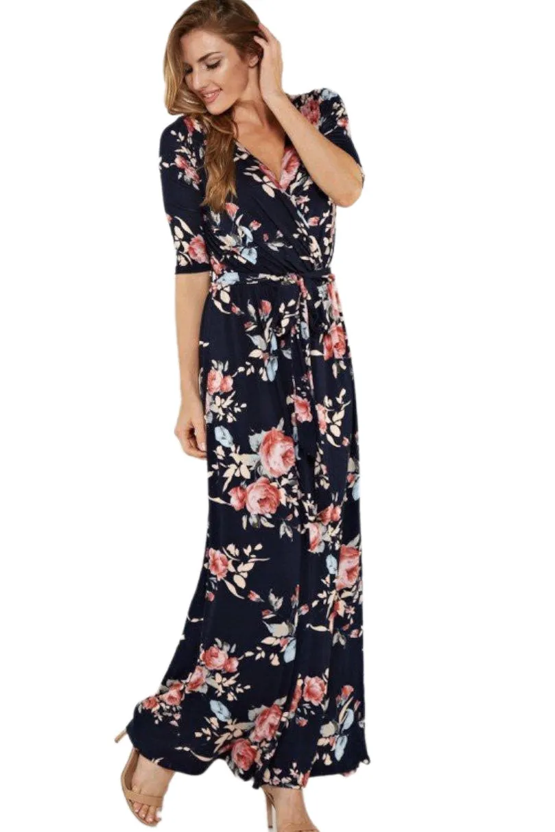 Floral Maxi Dress with Tie in Navy Style 185