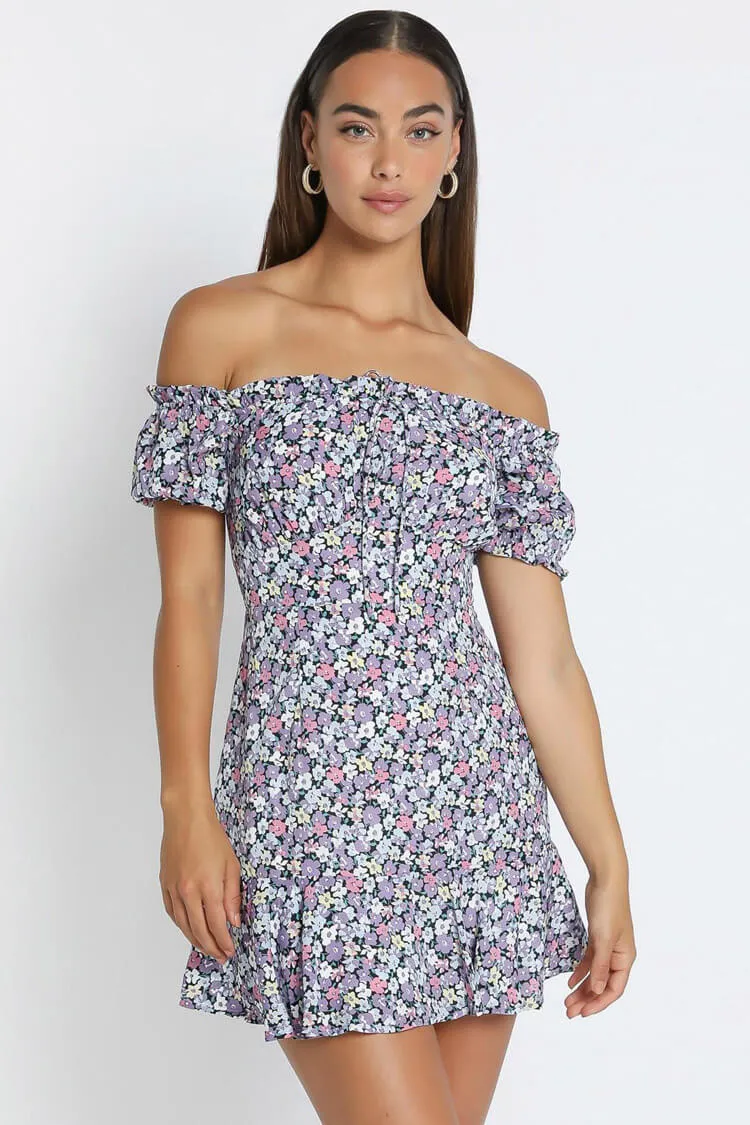 Floral Print Short Sleeve Tie Front Ruffle Mini Dress - Purple