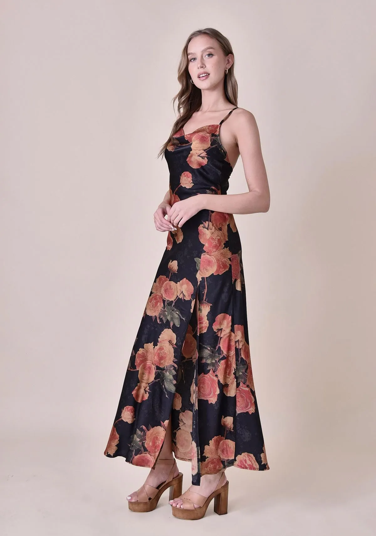 Floral Printed Strap Slit Maxi Dress