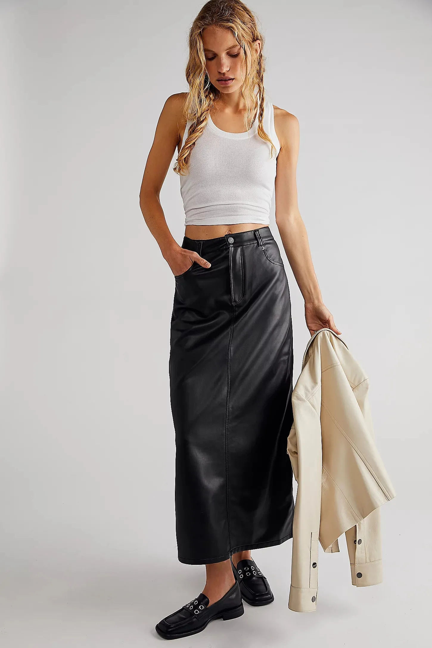 Free People City Slicker Vegan Maxi Skirt in Black