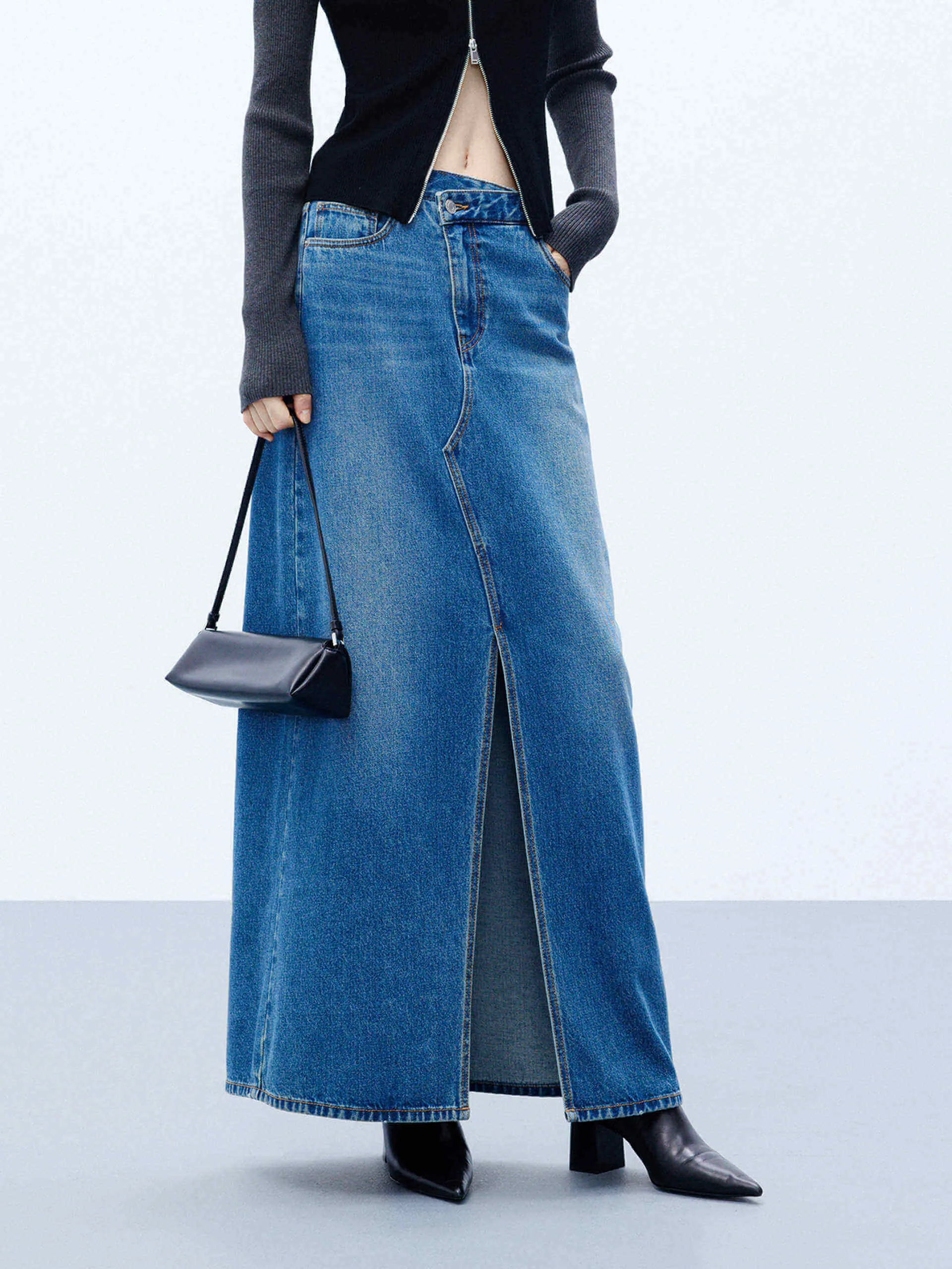 Front Slit Maxi Denim Skirt