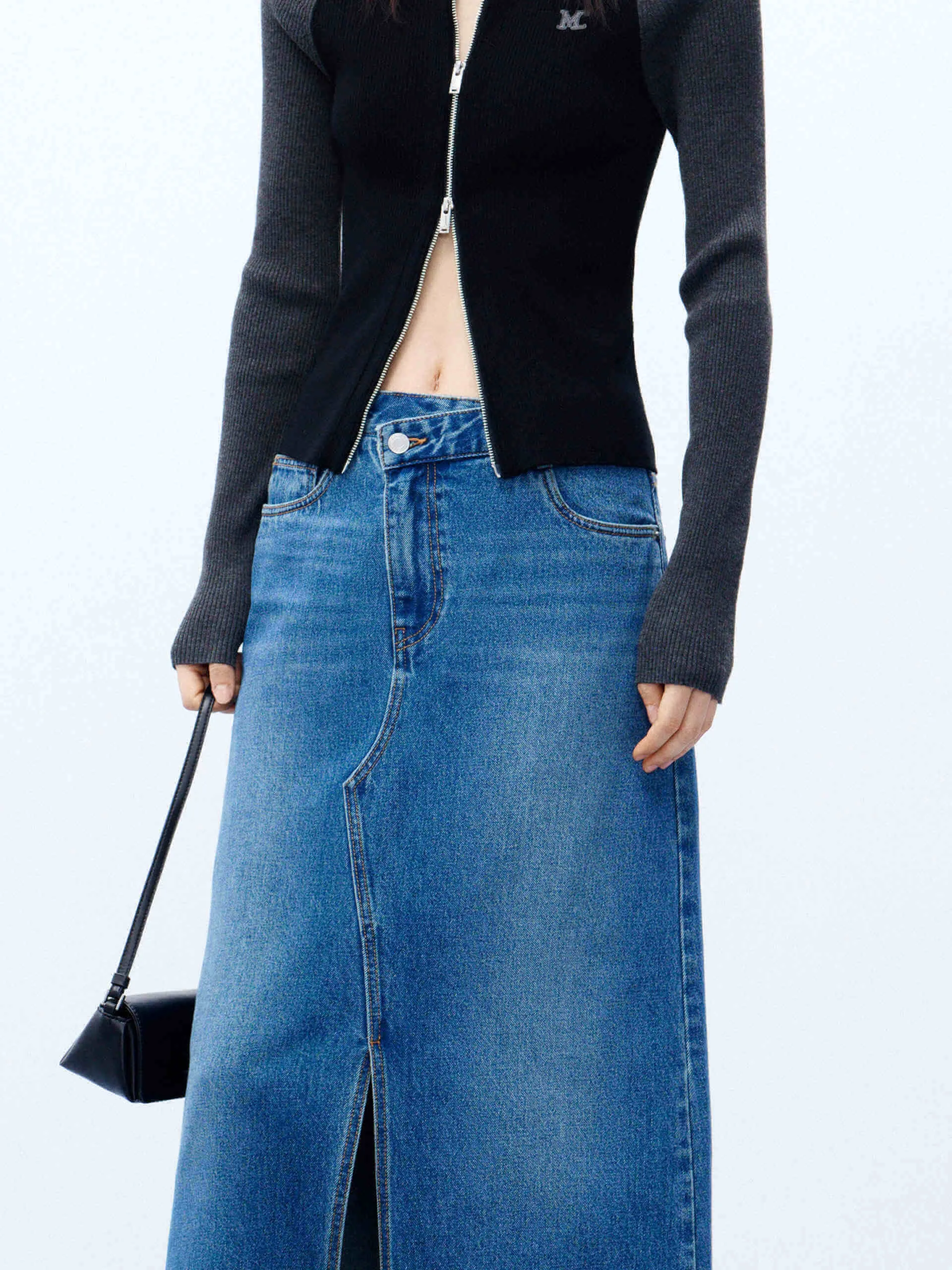 Front Slit Maxi Denim Skirt