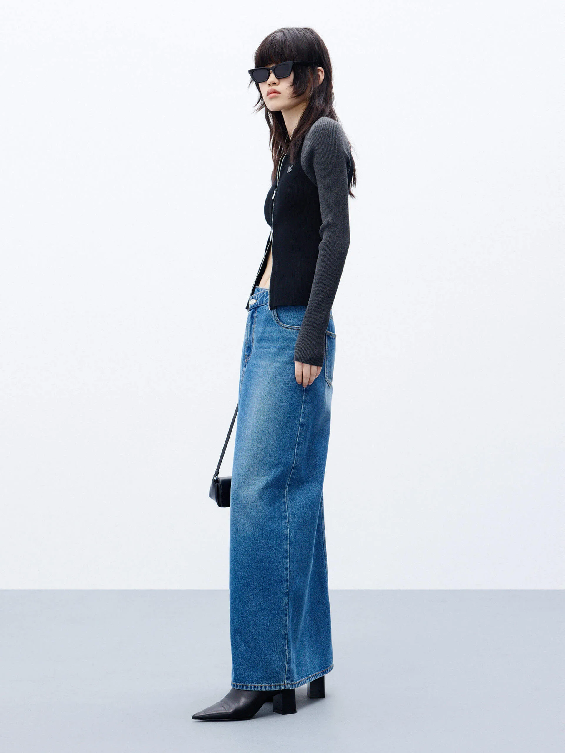 Front Slit Maxi Denim Skirt