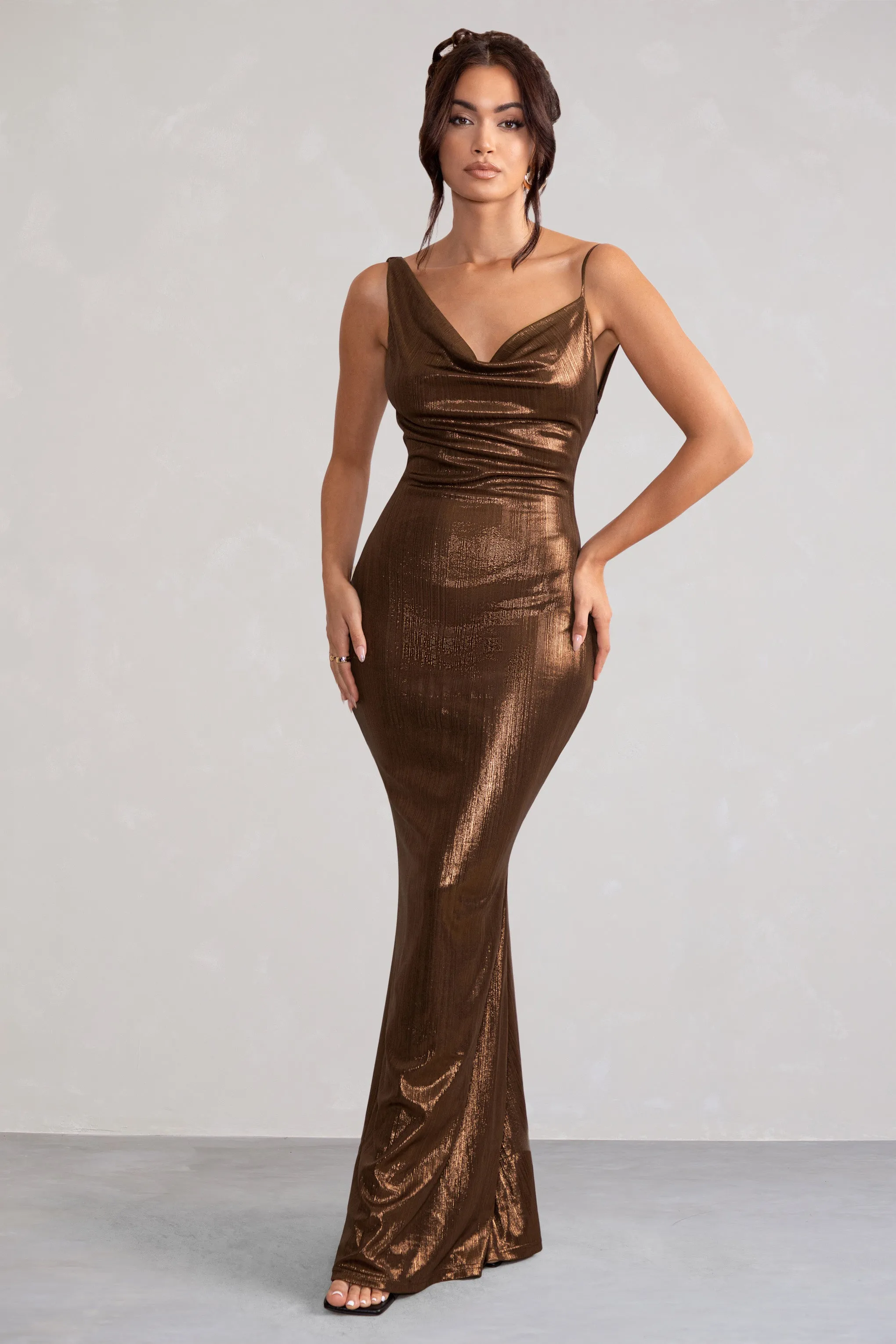 Galaxy Shimmer | Bronze Bias Cut Cowl Front Maxi Dress