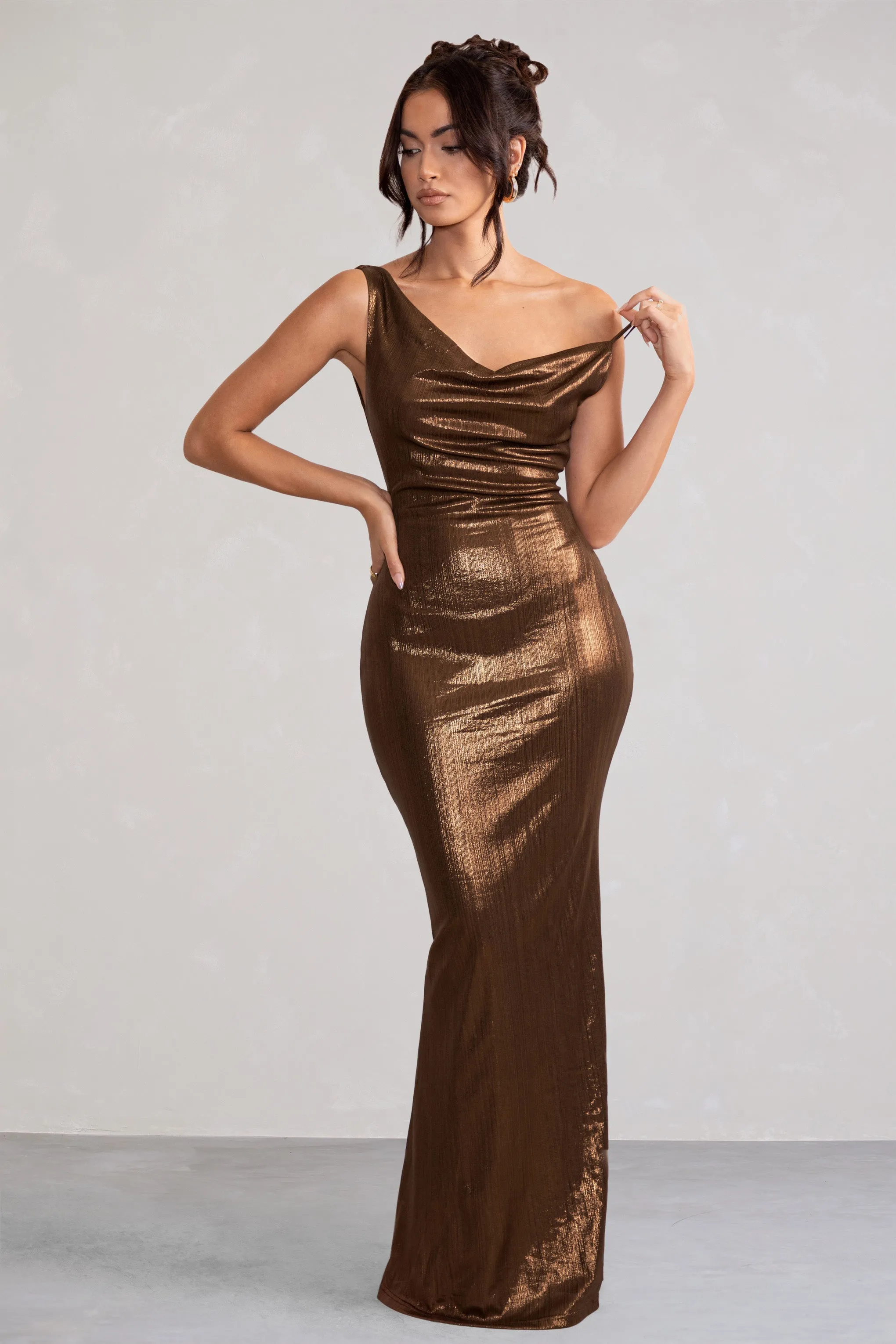 Galaxy Shimmer | Bronze Bias Cut Cowl Front Maxi Dress