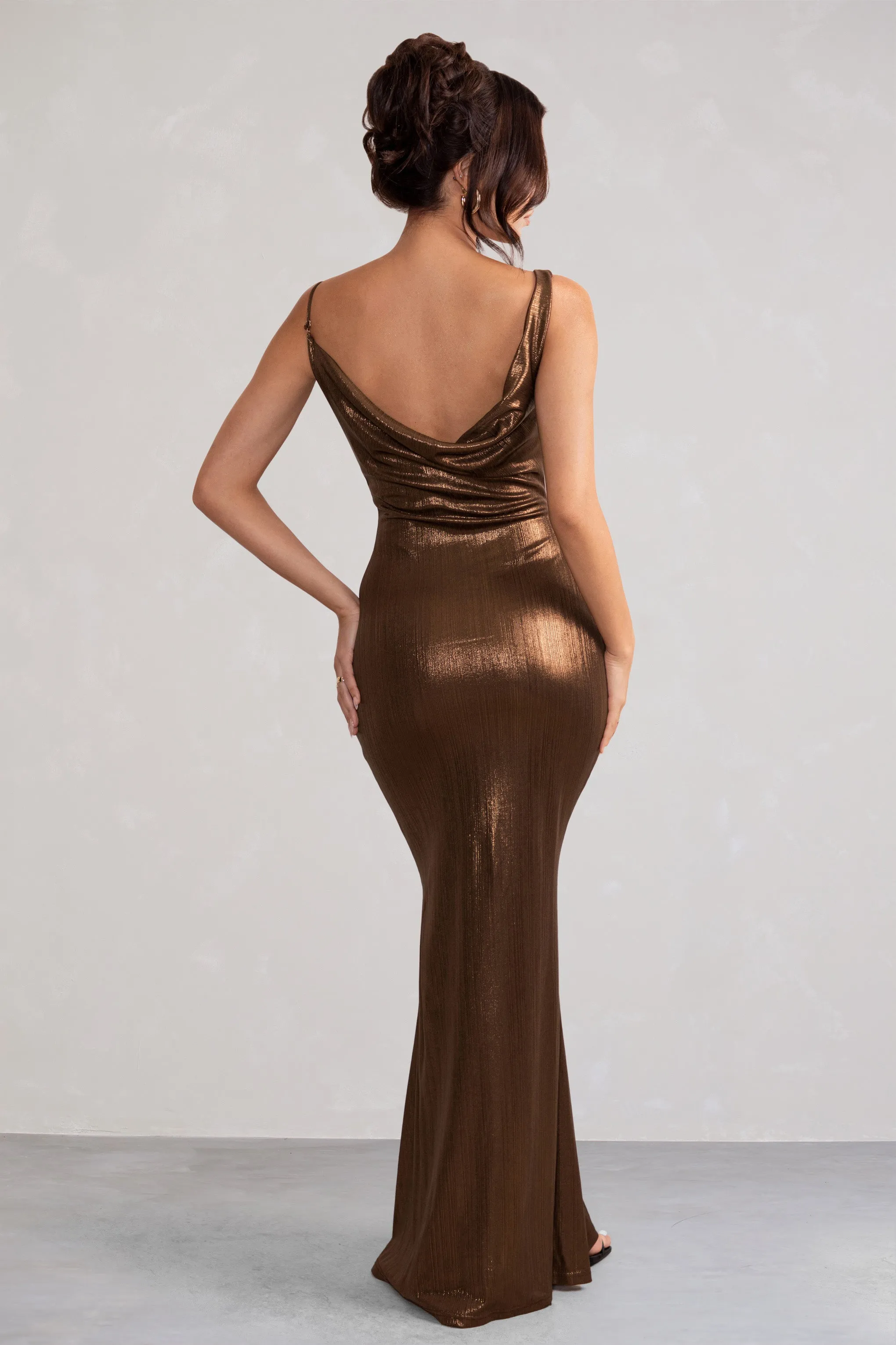 Galaxy Shimmer | Bronze Bias Cut Cowl Front Maxi Dress