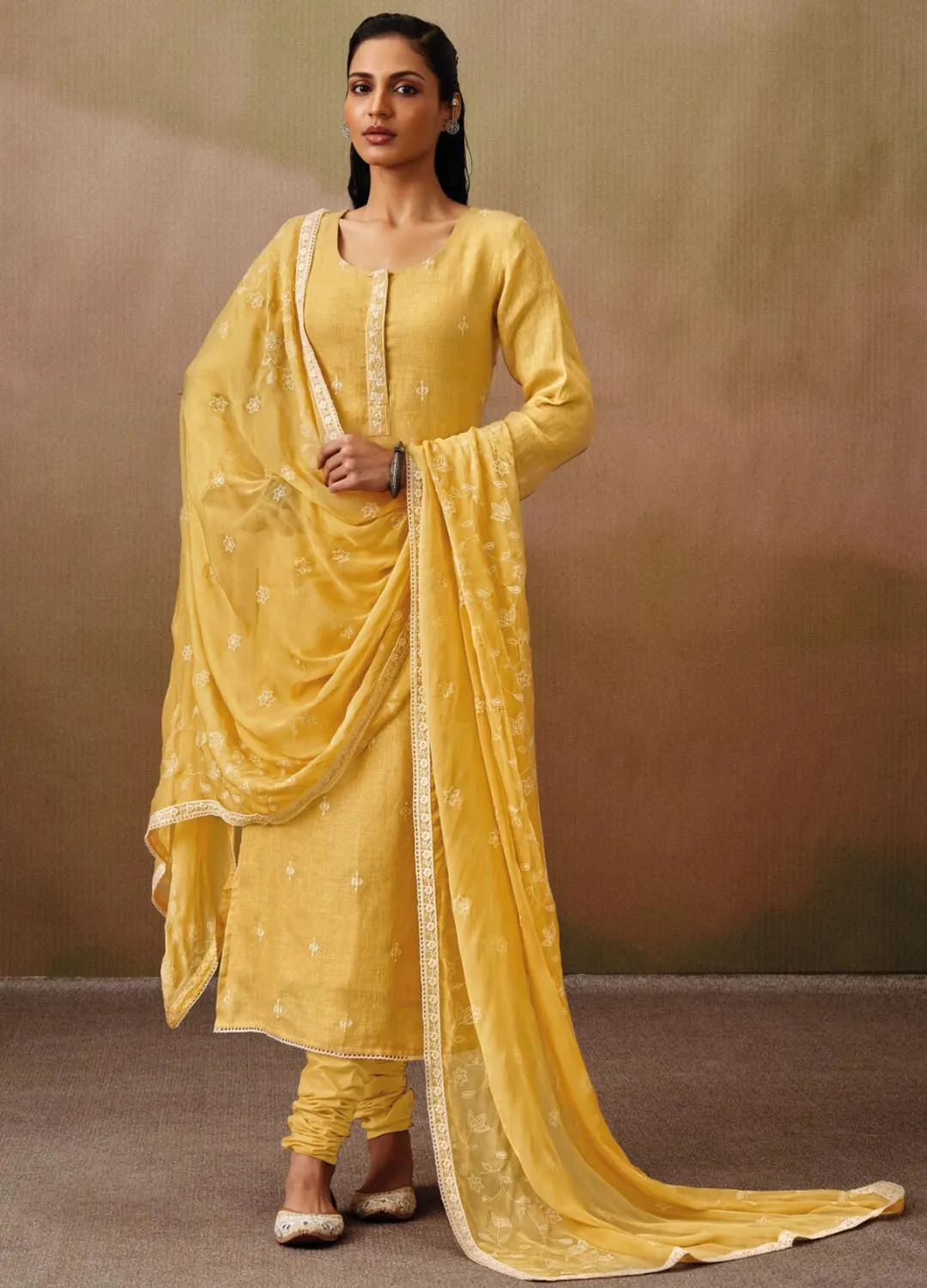 Ganga Yellow Cotton Linen Unstitched Suit Material with Chiffon Dupatta