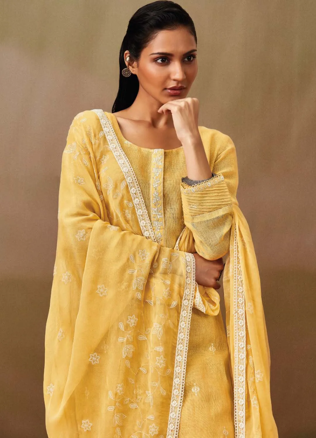 Ganga Yellow Cotton Linen Unstitched Suit Material with Chiffon Dupatta