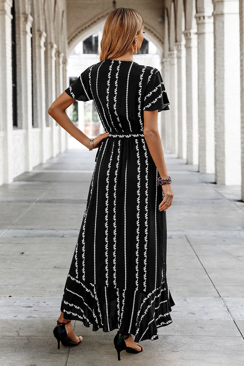 Geo Stripe Ruffled Maxi Wrap Dress