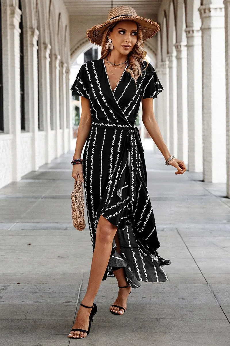 Geo Stripe Ruffled Maxi Wrap Dress